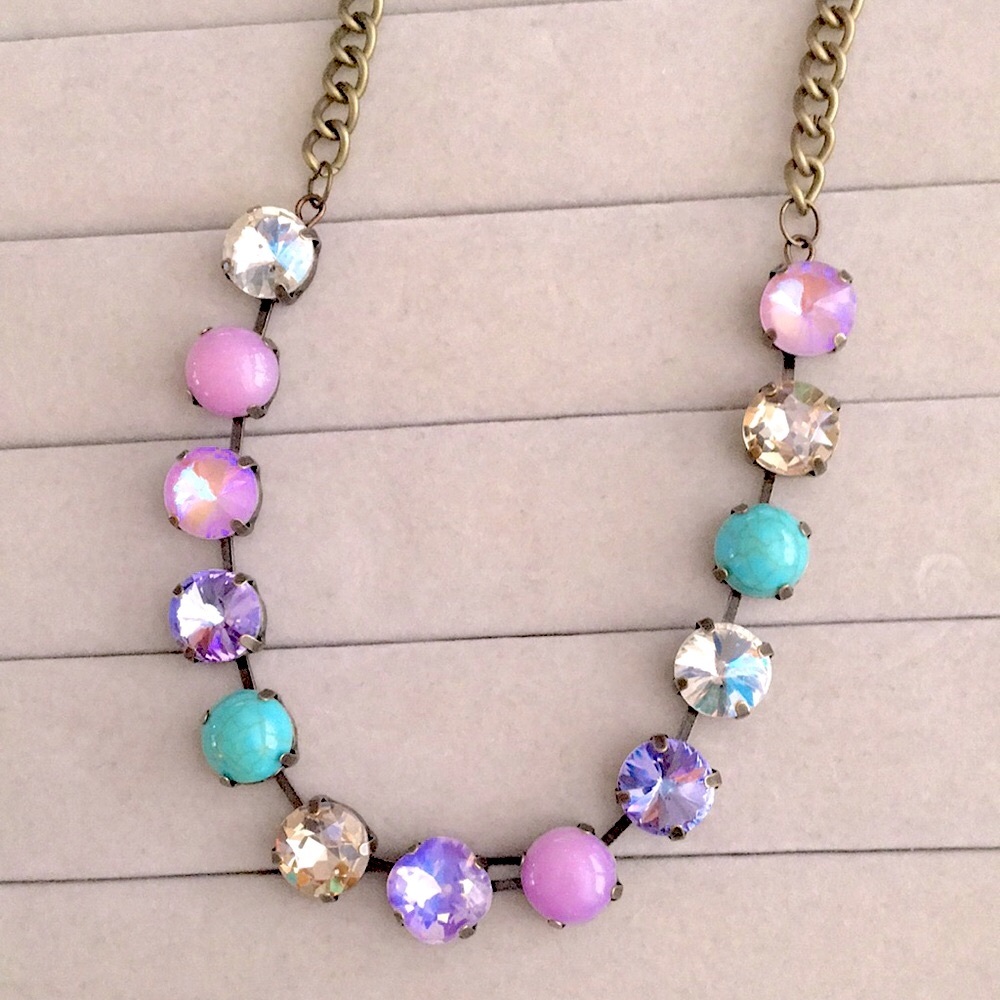 Turquoise, Lilac Purple Opal AB + Champagne Topaz Antique Brass Crystal Necklace - Picture 12 of 14